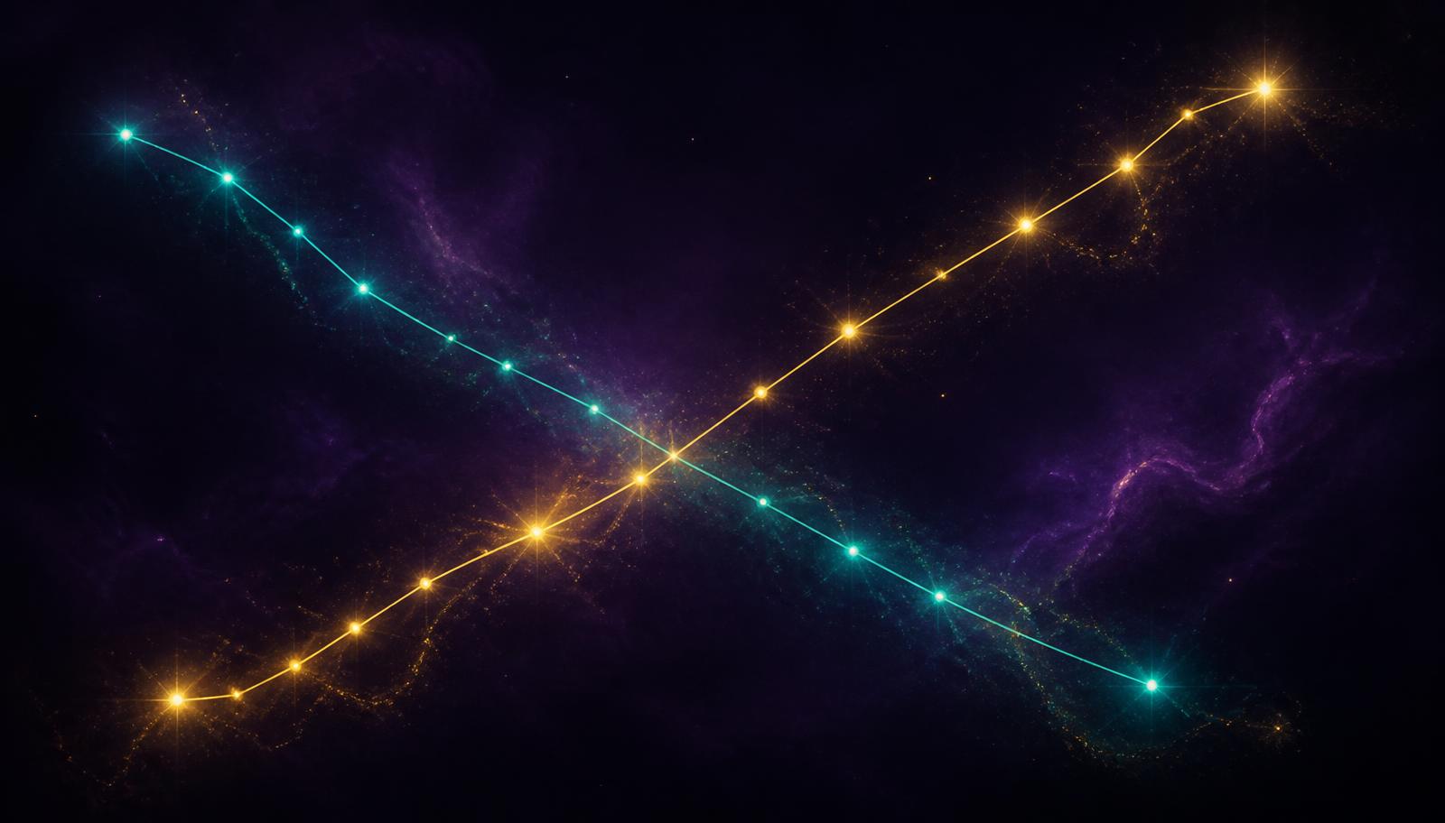 Deux constellations lumineuses se croisant, symbolisant les deux parcours